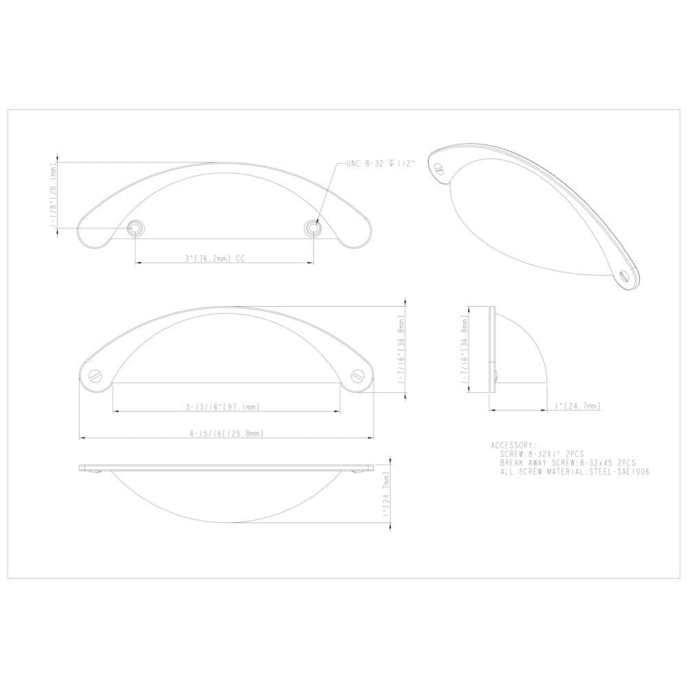 3" Center-to-Center Satin Nickel Lyon Cabinet Cup Pull
