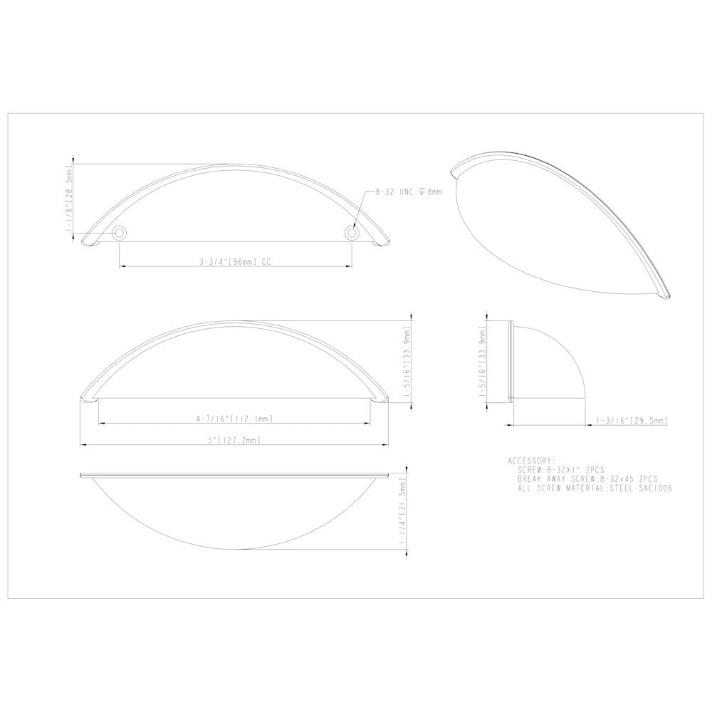96 mm Center-to-Center Satin Nickel Bordeaux Cabinet Cup Pull