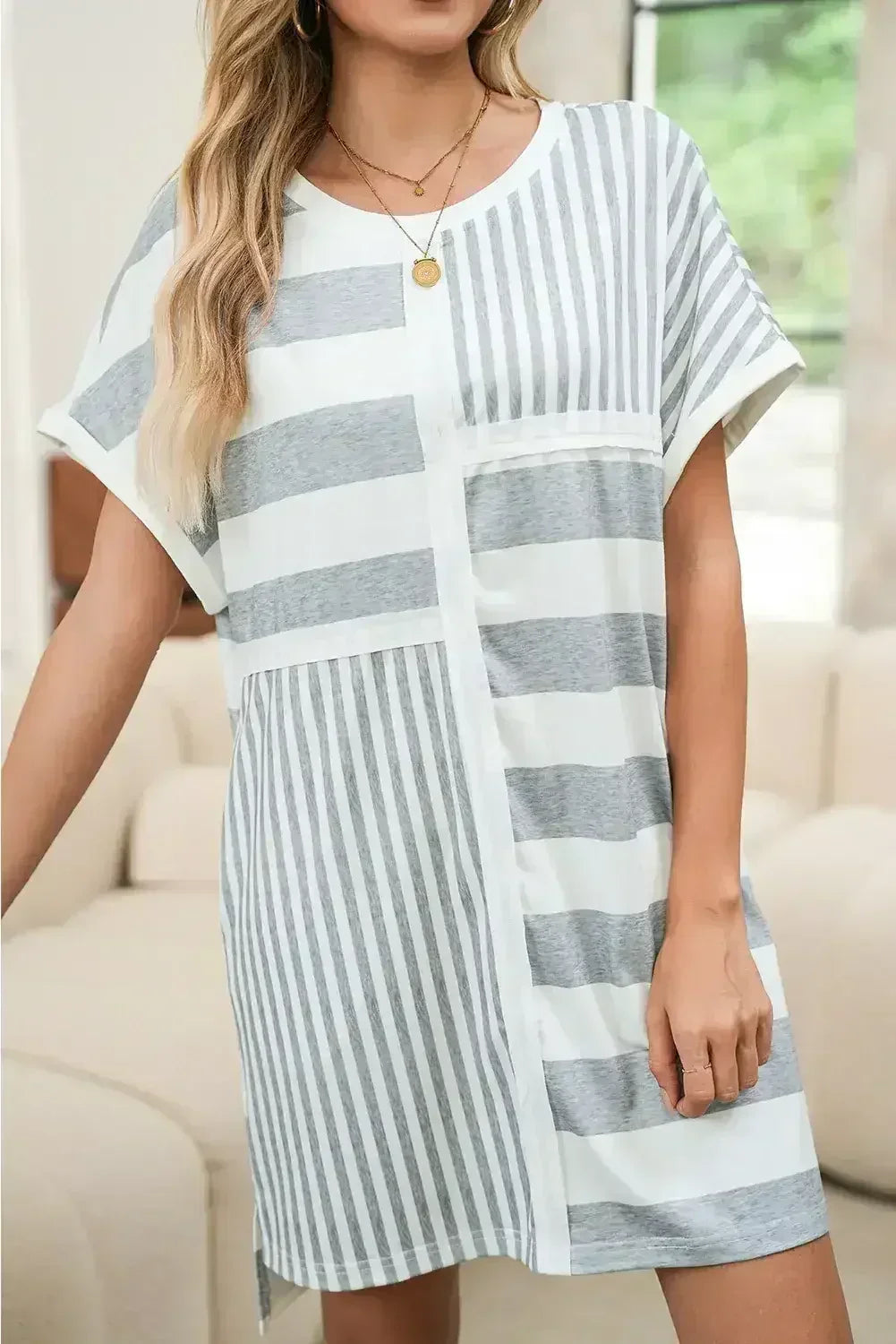 Gray Stripe Mixed Printed Short Sleeve Shift Mini T Shirt Dress