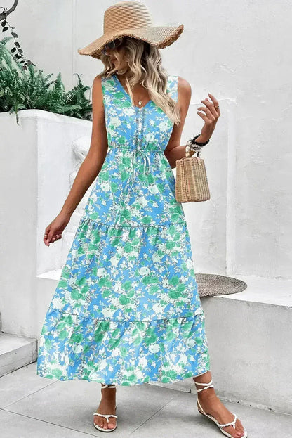 Green Floral Print Trimmed V Neck Sleeveless Vacation Dress