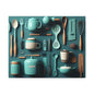 A stretched canvas print featuring an array of green kitchen utensils and appliances, including a kettle, toaster, and various tools like a whisk and ladle, arranged against a blue background.
