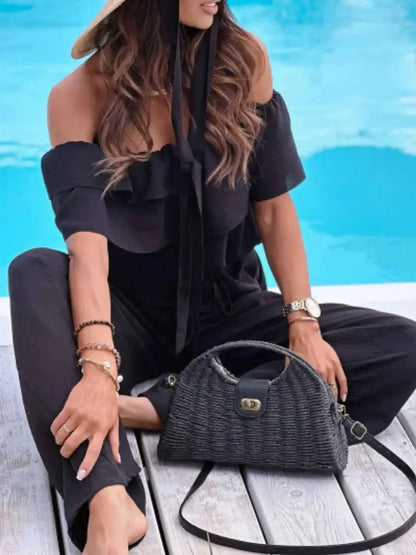 Wide Leg Jumpsuit - Off-Shoulder Ruffled Jumpsuit