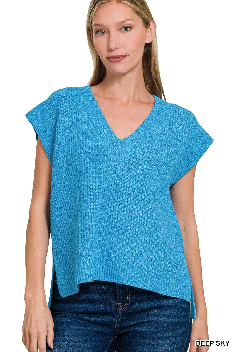 Zenana Oversized Sweater Vest with Side Slit in Sky