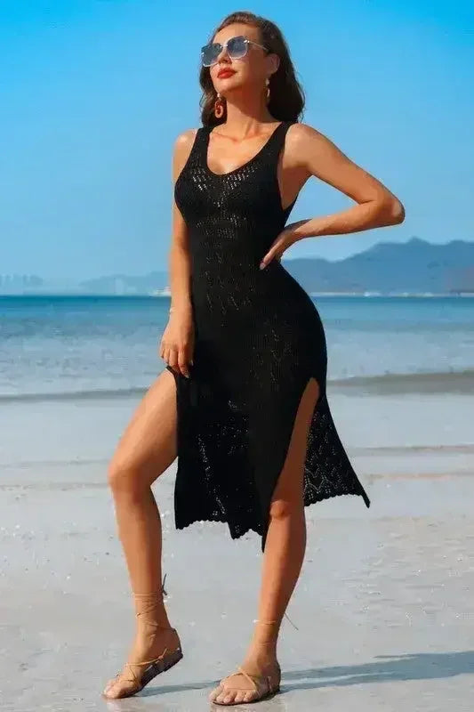 Crochet Beach Coverup Dress – High Split Maxi with U-Neck