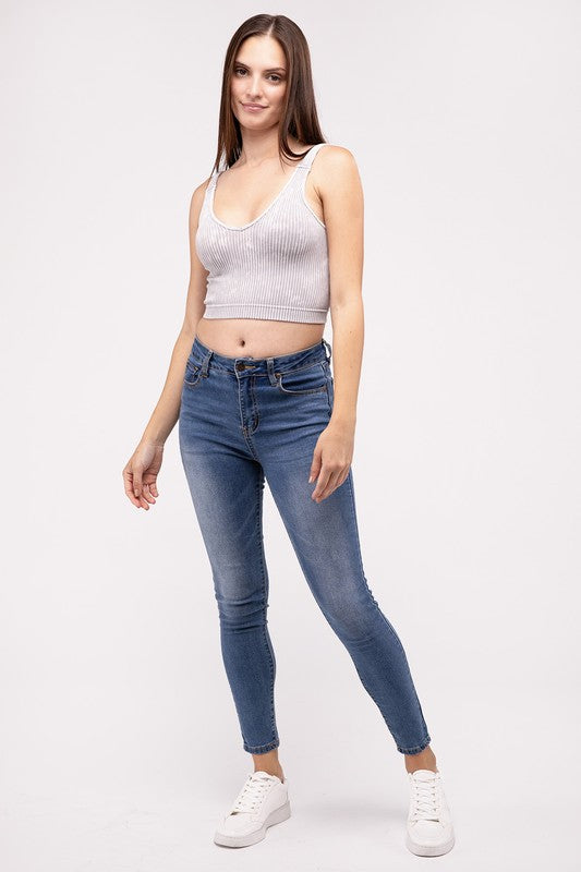 ZENANA Washed Ribbed Cropped V-Neck Tank Top