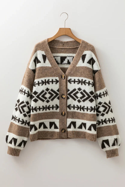 Dark Khaki Ethnic Geometric Pattern Button Front V Neck Cardigan