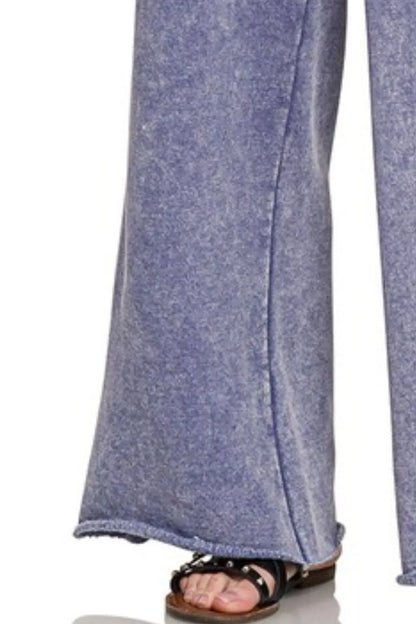 Zenana Acid Wash Fleece Palazzo Sweatpants with Pockets in Marlin