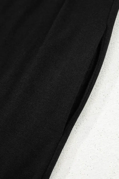 Black Solid Color Short Sleeve High Waist Pocketed Midi Dress