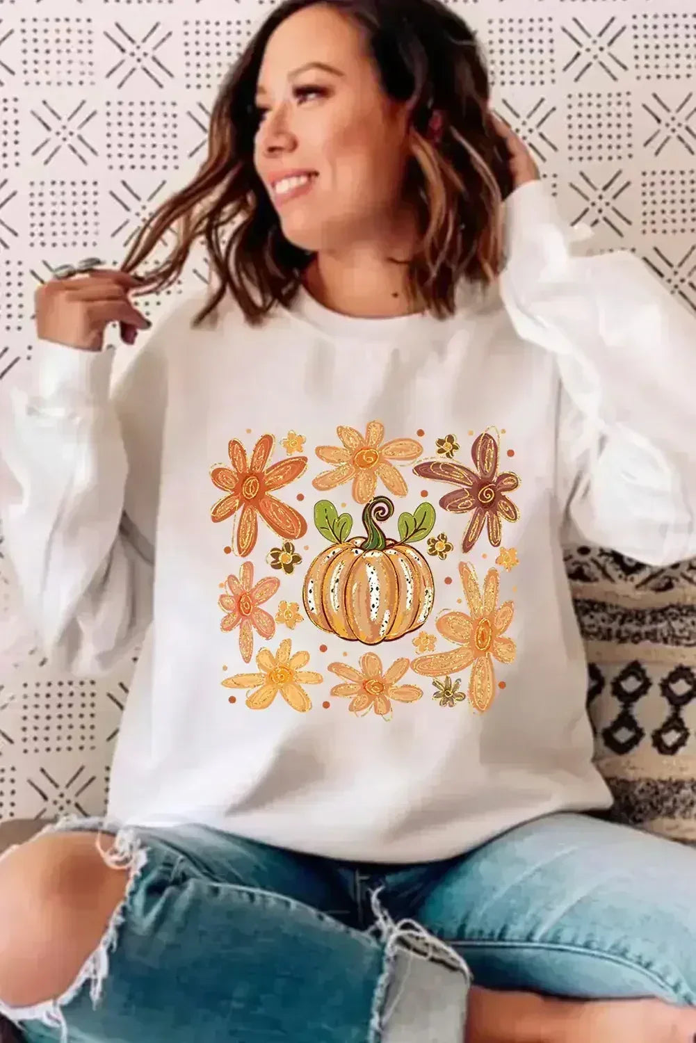 White Flower Pumpkin Printed Cotton Blend Sweatshirt