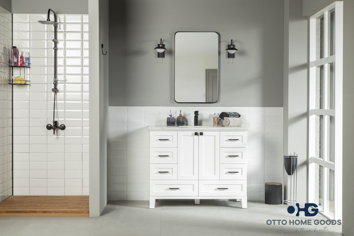 Paloma 42" White Bathroom Vanity with Quartz Top & Black Hardware