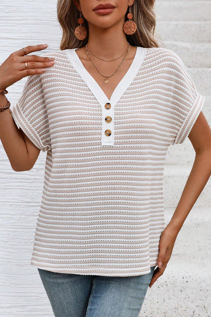 Khaki Striped Knitted Top with Button Front and V Neck for Women's Blouse
