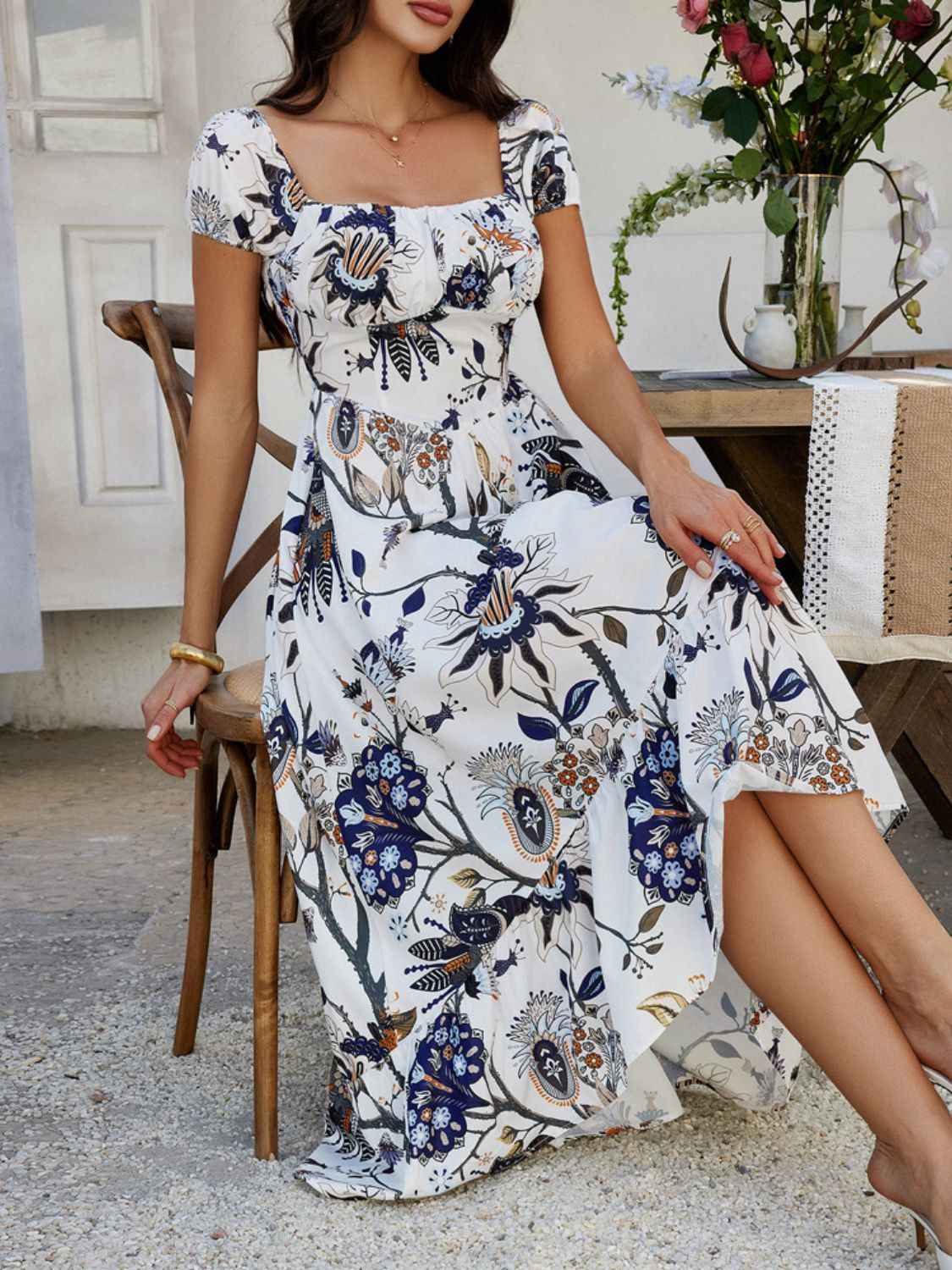 Devine Smocked Maxi Dress - Printed Short Sleeve Women's  Dress