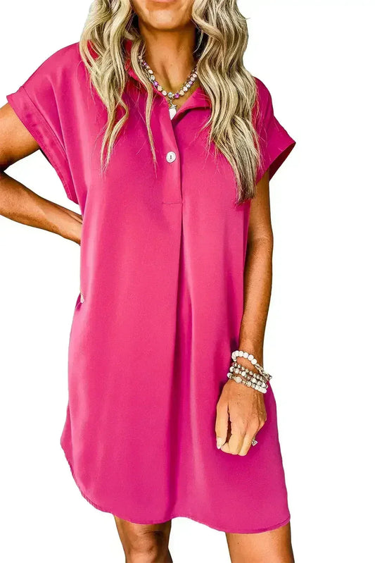 Rose Red Buttoned Collar Shift T Shirt Dress
