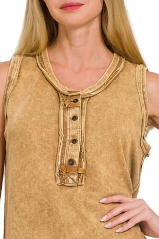 Zenana Washed Half-button Raw Edge Sleeveless Henley Top in Camel
