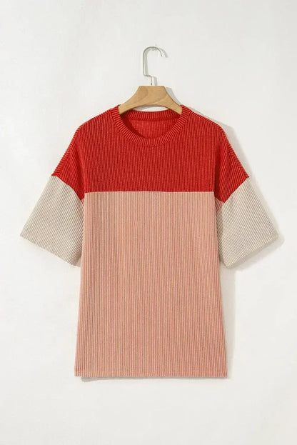 Black Color Block Ribbed Side Slits Half Sleeve Top
