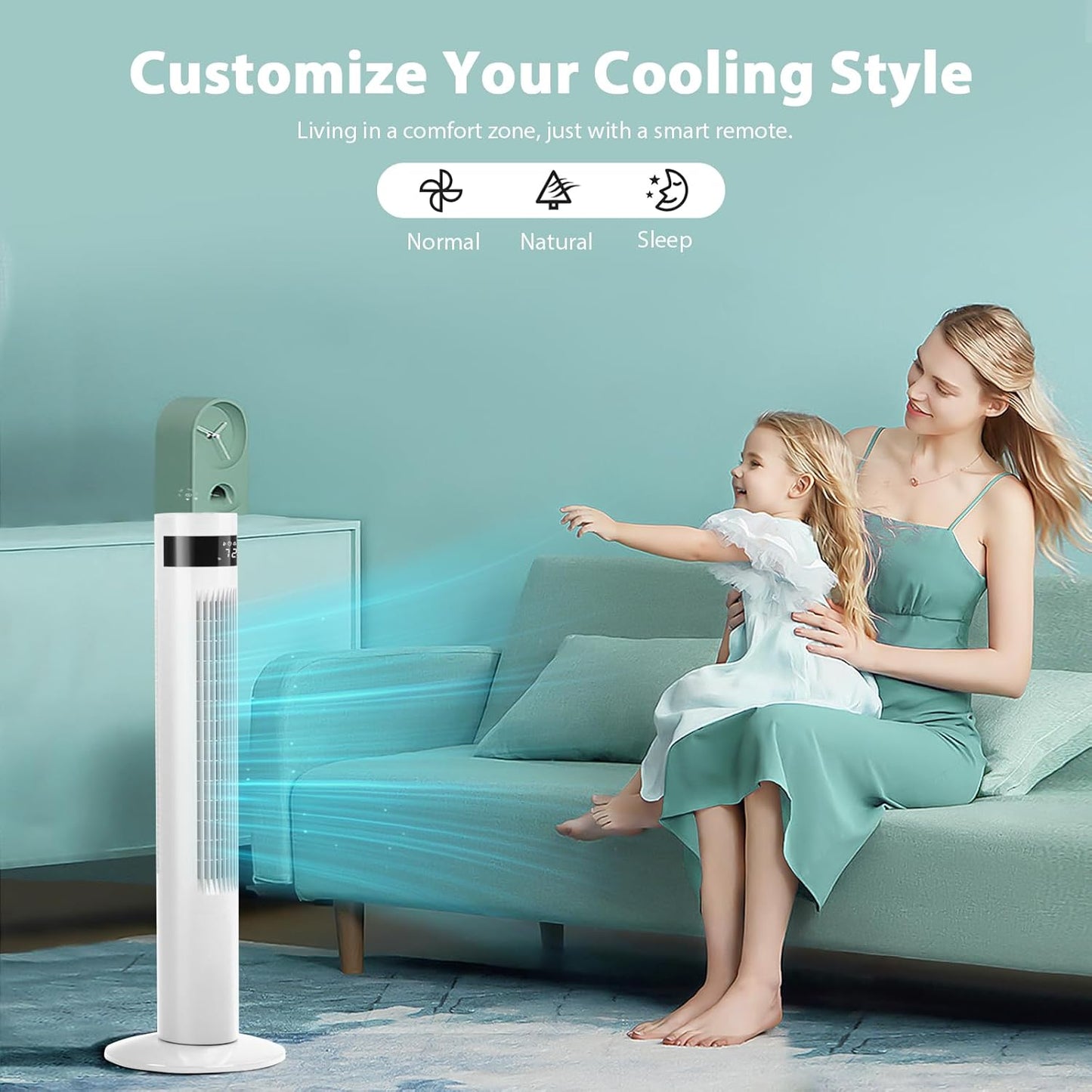 85° Oscillating Bladeless Tower Fan with 24ft/s Velocity