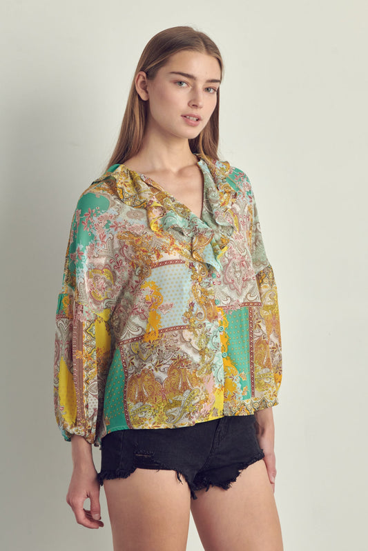 Ruffled V-Neck Patchwork Blouse | Apparel | Kitchen + Metal