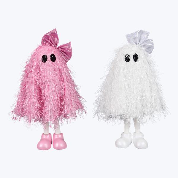 Halloween Carnival  12" Fabric Colorful Fuzzy Tabletop Ghosts with Bow - SET OF 2