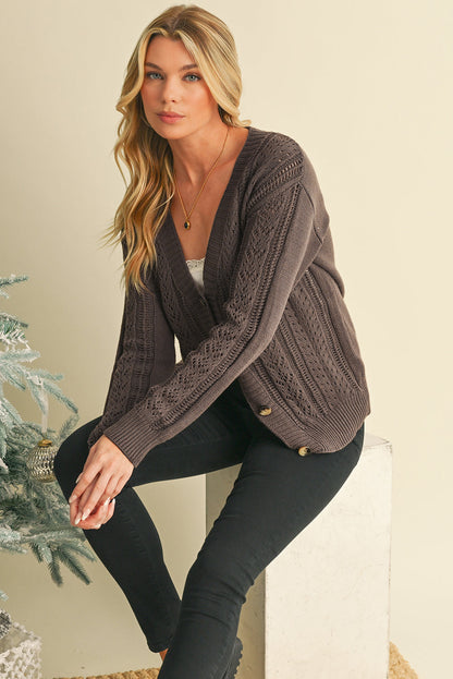 Dark Khaki Cardigan - Hollow Knit Drop Shoulder Style