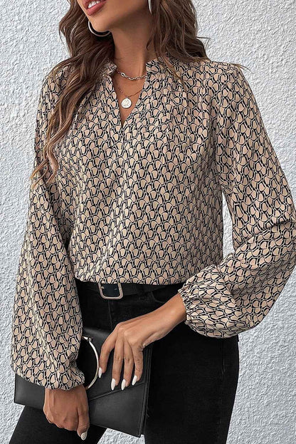 Green Geometric Print Blouse with Notched Neck and Long Sleeves