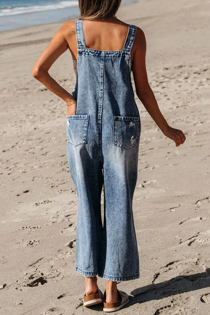 Distressed Bib Pocket Wide Leg Denim Overalls