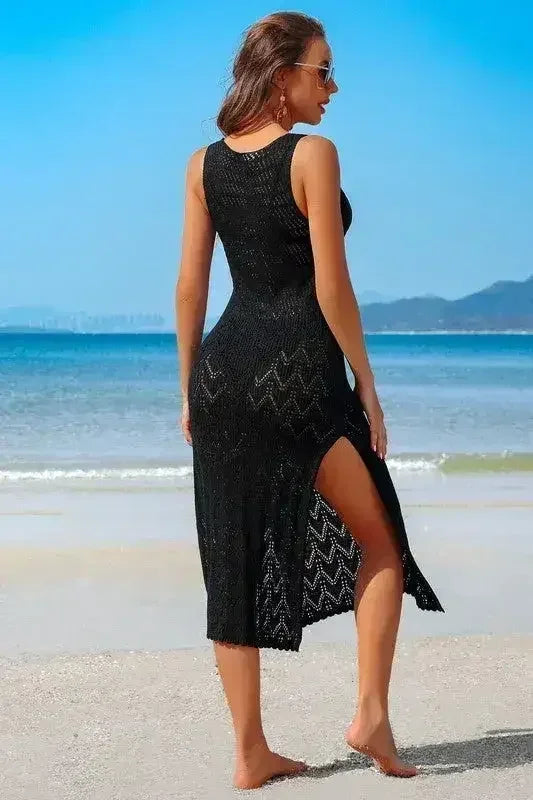 Crochet Beach Coverup Dress – High Split Maxi with U-Neck