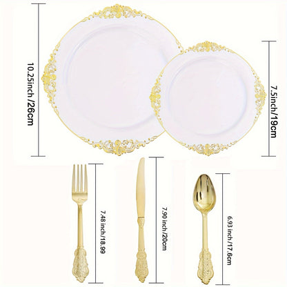 Elegant Gold Rim Plastic Dinnerware Set  50pcs Reusable