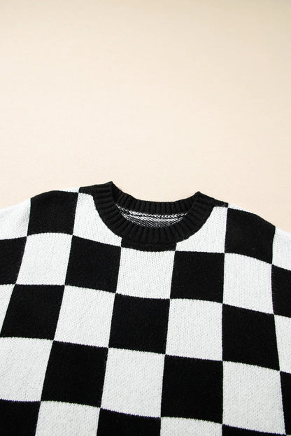 Light French Beige Checkered Knit Dolman Short Sleeve Sweater