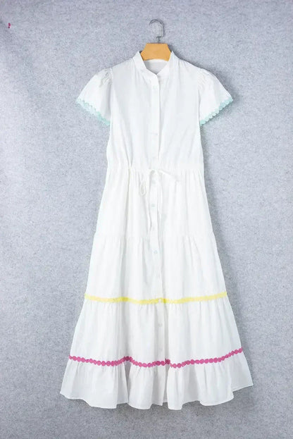 White High Waist Short Sleeve Tiered Shirt Dress