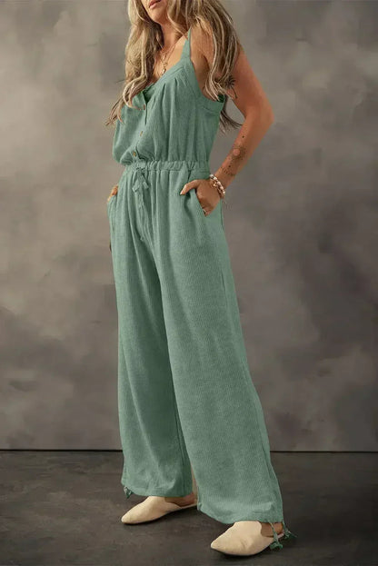 Moss Green Knotted Straps Button Textured Drawstring Jumpsuit