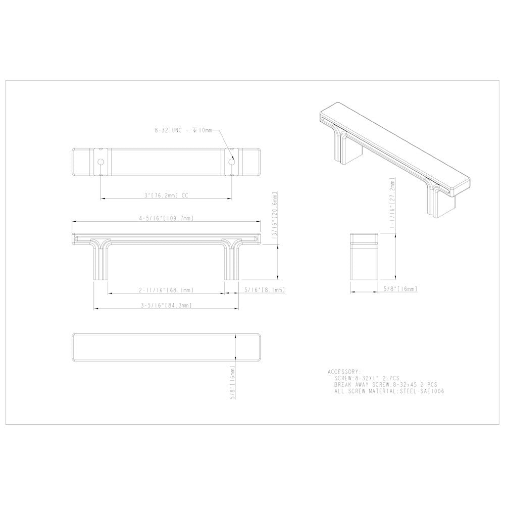 3" Center-to-Center Satin Nickel Square Anwick Cabinet Pull