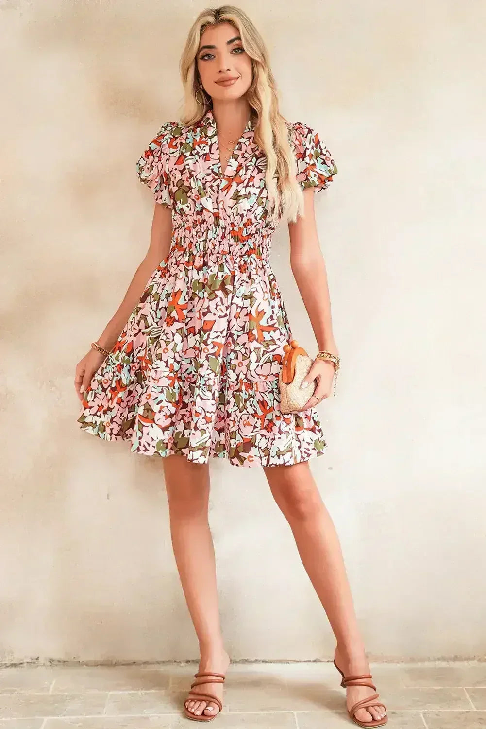 Pink Floral Print Puff Sleeve Shirred High Waist Mini Dress