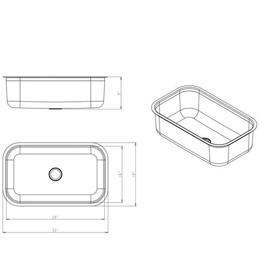 30" L x 18" W x 9" D Undermount 18 Gauge Stainless Steel Single Bowl Sink