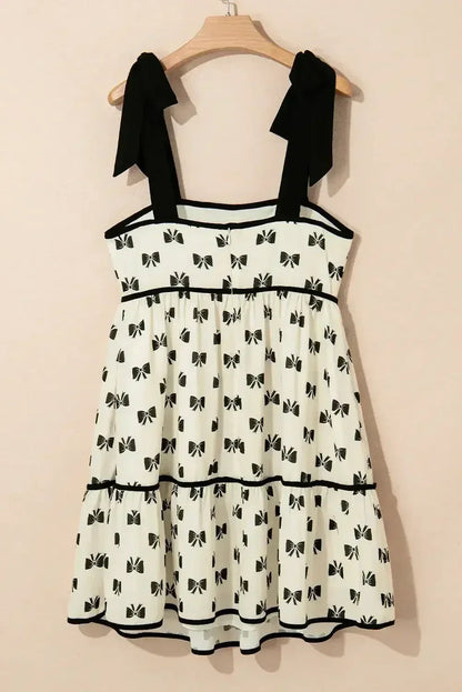 White Bow Contrast Trim Knotted Shoulder Mini Dress