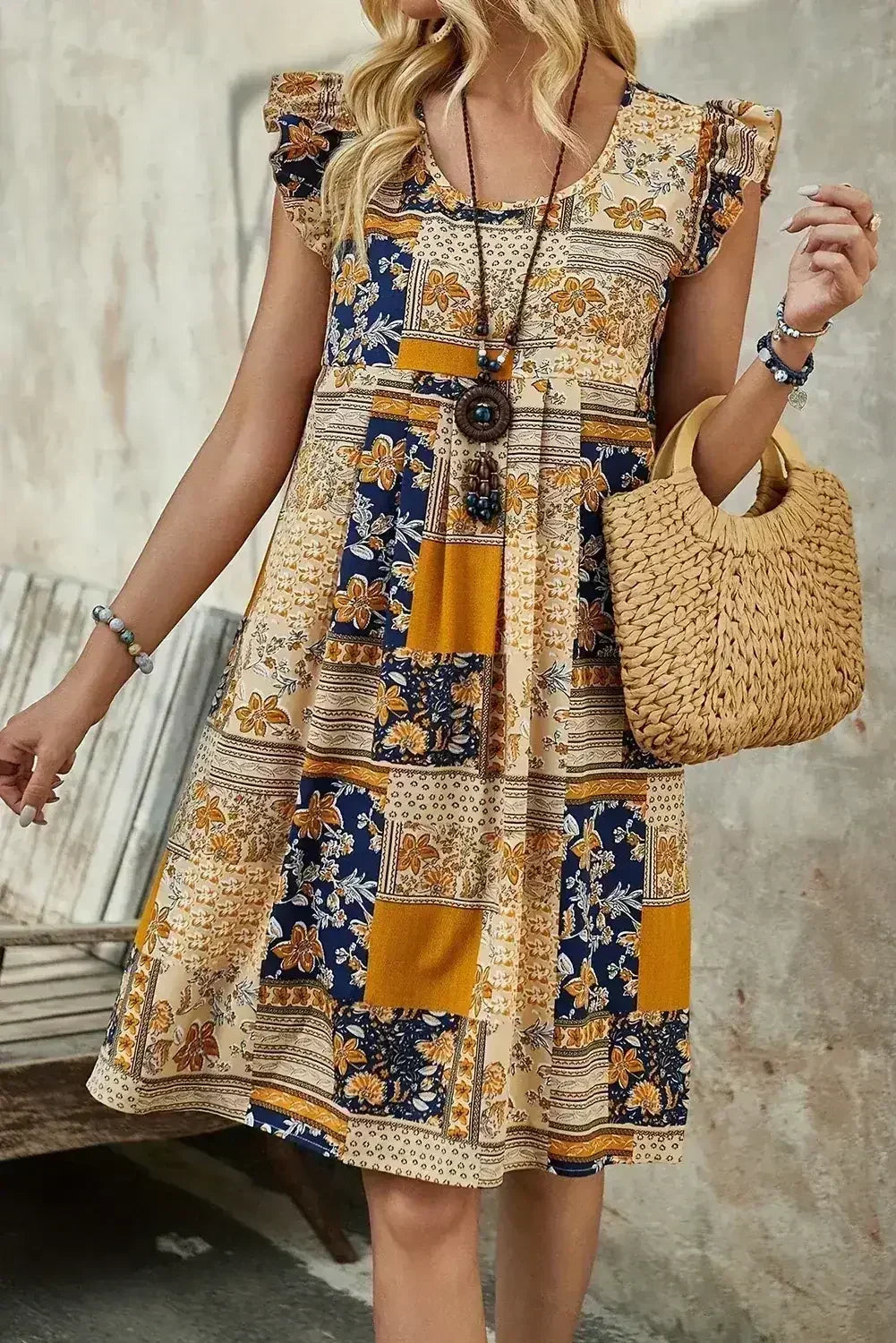 Multicolour Boho Floral Pleated Sleeveless Mini Dress