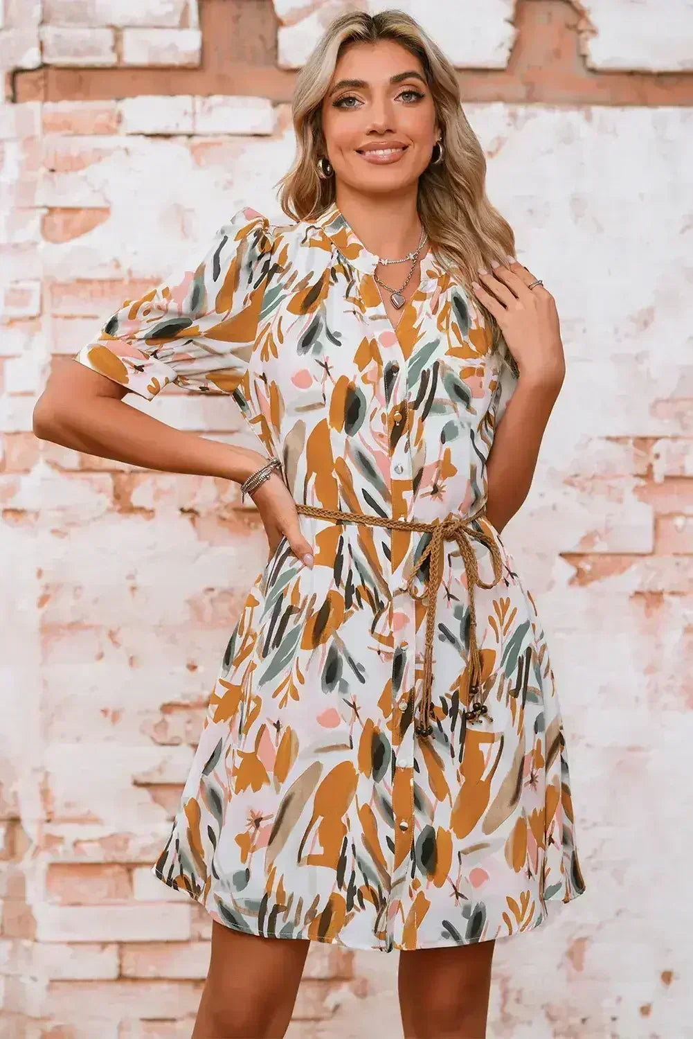 Brown Abstract Puff Sleeve Button Up Braided Belt Mini Dress