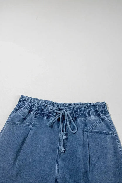 Grey Drawstring High Waist Casual Denim Shorts