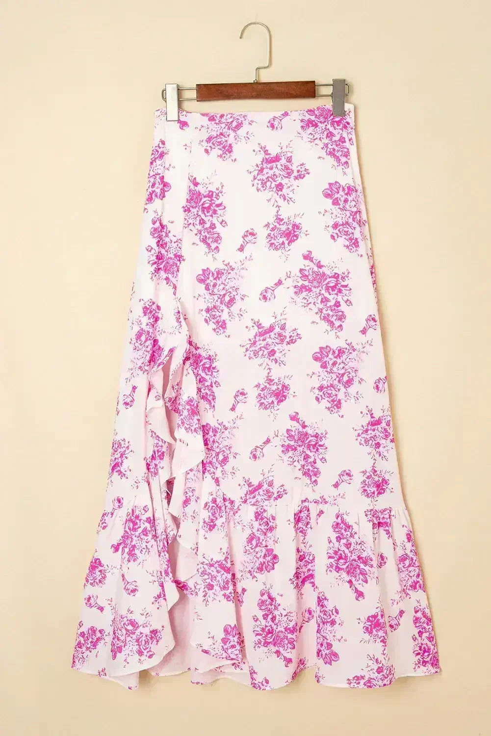 Sky Blue Boho Floral High Waist Ruffle Split Maxi Skirt
