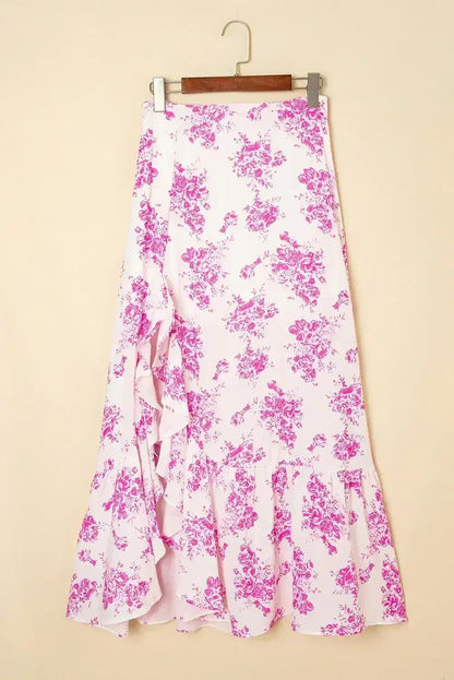 Sky Blue Boho Floral High Waist Ruffle Split Maxi Skirt
