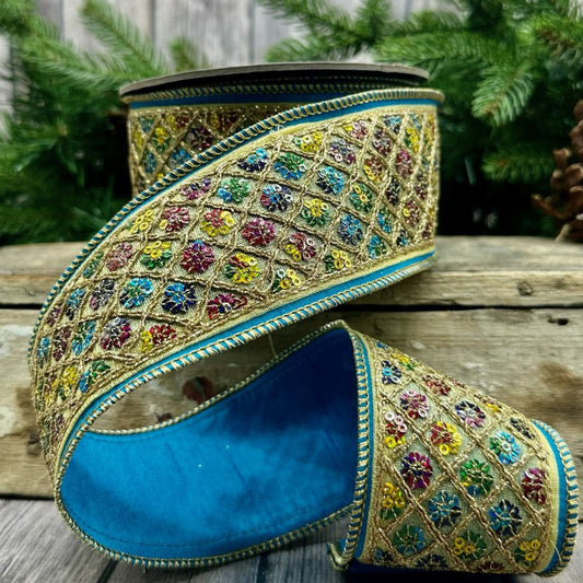 2.5" x 10yds dupion multi color sequin diamond center trim, turquoise blue