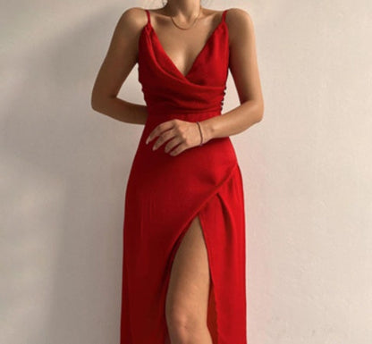 V-neck Slit Sling Dress - Summer Fashion Sexy Slim Suspender Dresses for Women