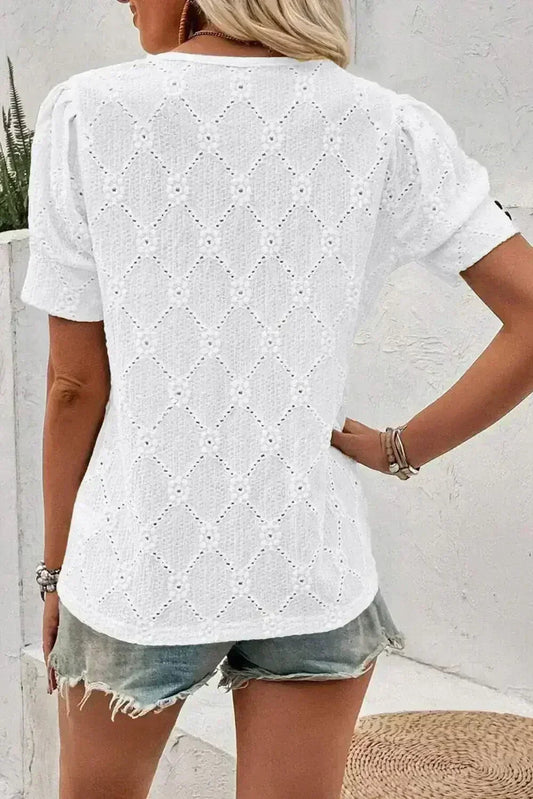 White Embroidered Floral Geometric Button Short Sleeve Top | Femstylo