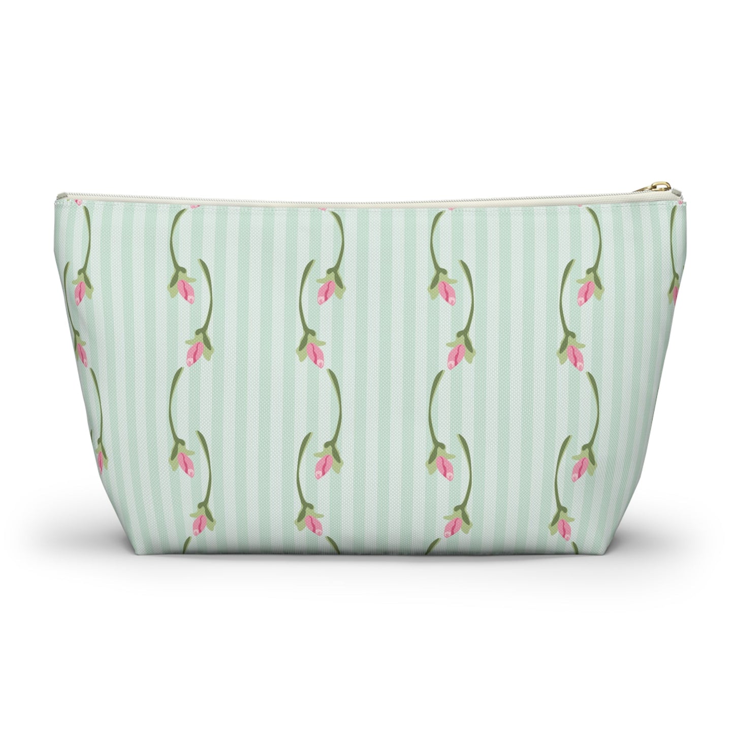 Customizable: Floral Print Accessory Pouch | Cute Makeup Bag, Travel Organizer, Gift for Her, Floral Clutch, Green Striped Bag
