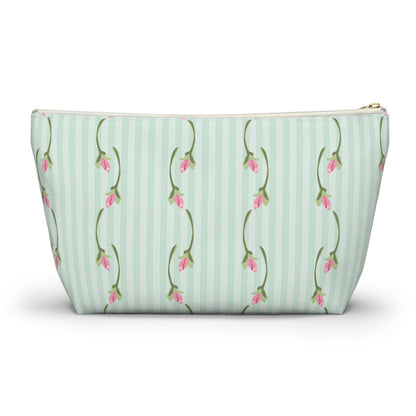 Customizable: Floral Print Accessory Pouch | Cute Makeup Bag, Travel Organizer, Gift for Her, Floral Clutch, Green Striped Bag