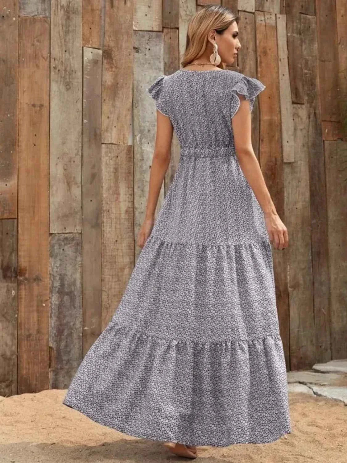 Printed V-Neck Maxi Dress with Ruffle Sleeves