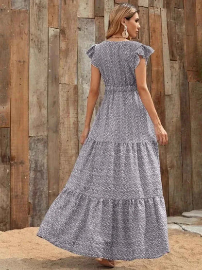 Printed V-Neck Maxi Dress with Ruffle Sleeves