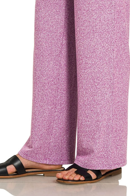 Zenana Soft Melange Short Sleeve Tee & Long Pants Set in Plum
