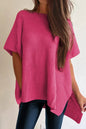 Rose Red Side Slit Short Sleeve Oversized Sweater