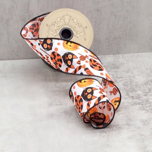 2.5" x 10yds linen halloween candy jack o lantern, orange black