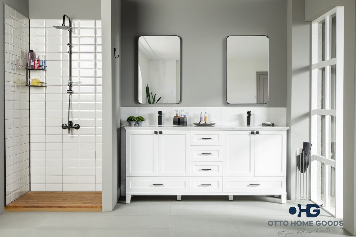 Paloma 72" White Double Bathroom Vanity with Quartz Top & Black Hardware